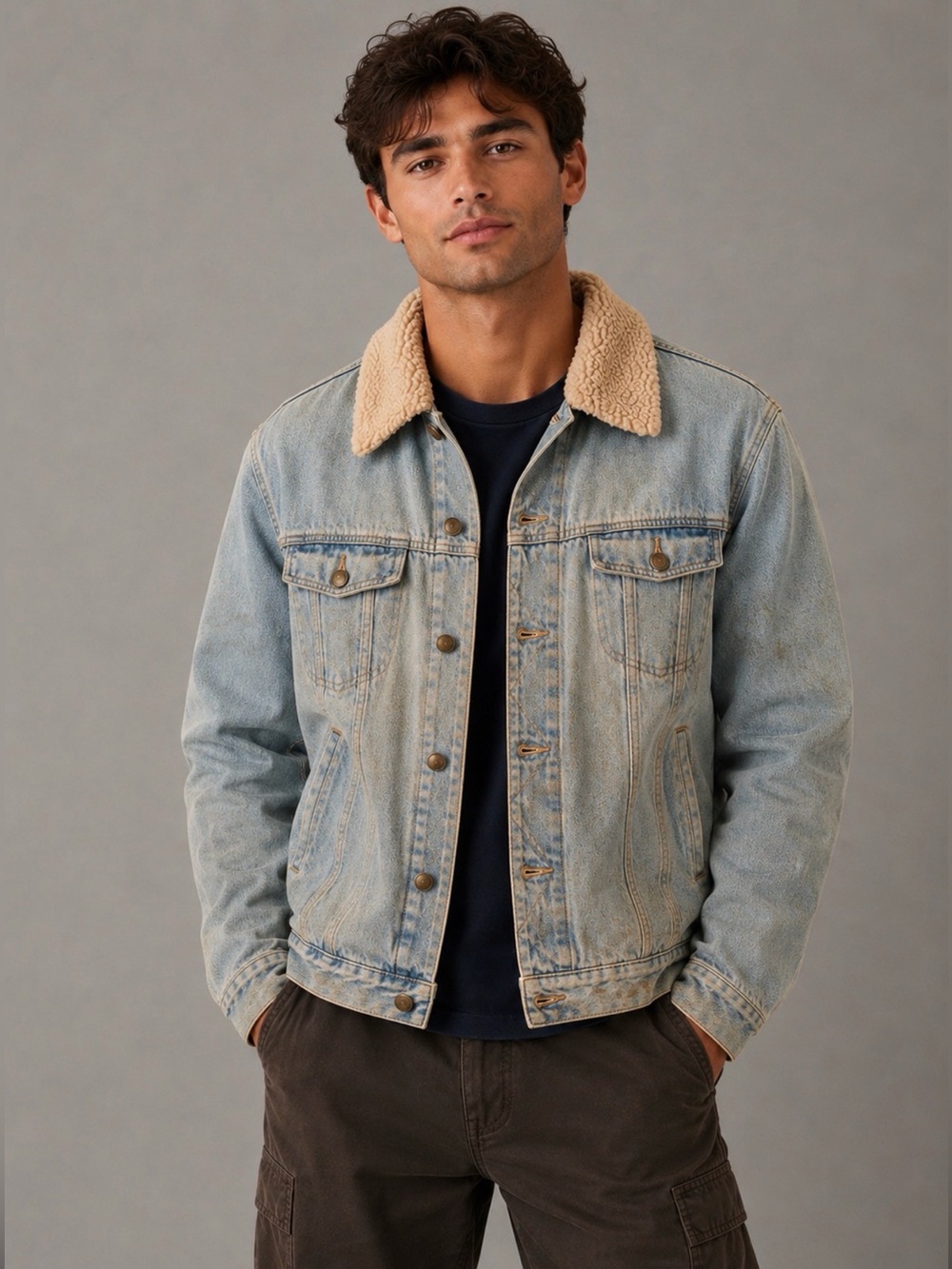 Lee Sherpa Lined Denim Trucker Jacket Ranch  Light Wash  Coat Mens Large